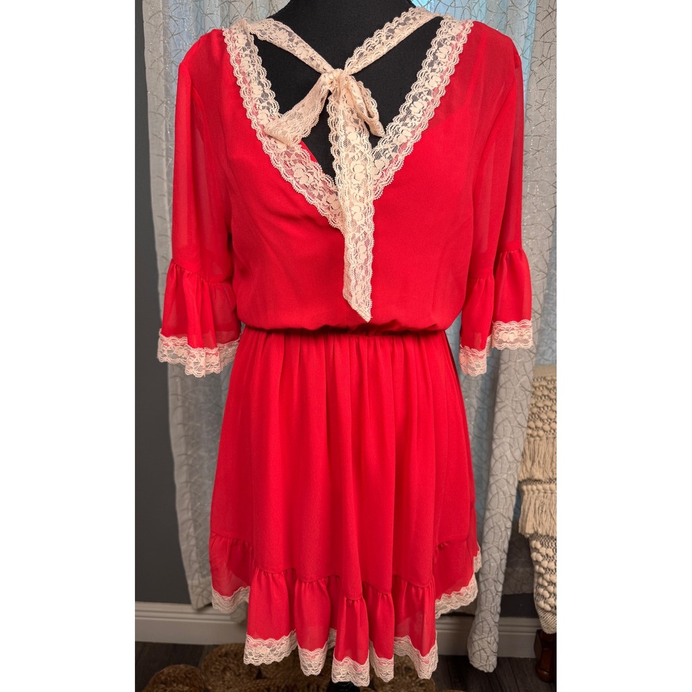 BCBGeneration Red Lace Trim Mini Dress Size XS‎ NWT Romantic Prairie Style